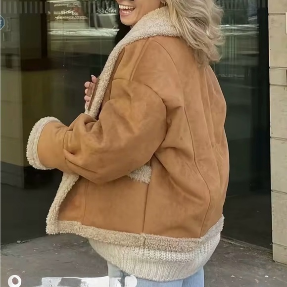 NWT! Brown Shearling Jacket with Cream Trim - Picture 2 of 16